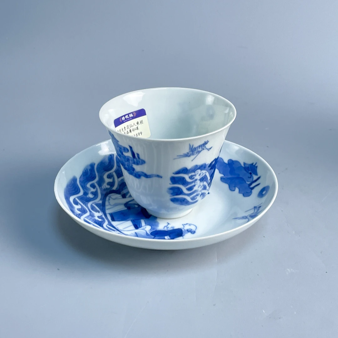清道光青花仙人乘槎海屋添筹杯碟-M25GH011699