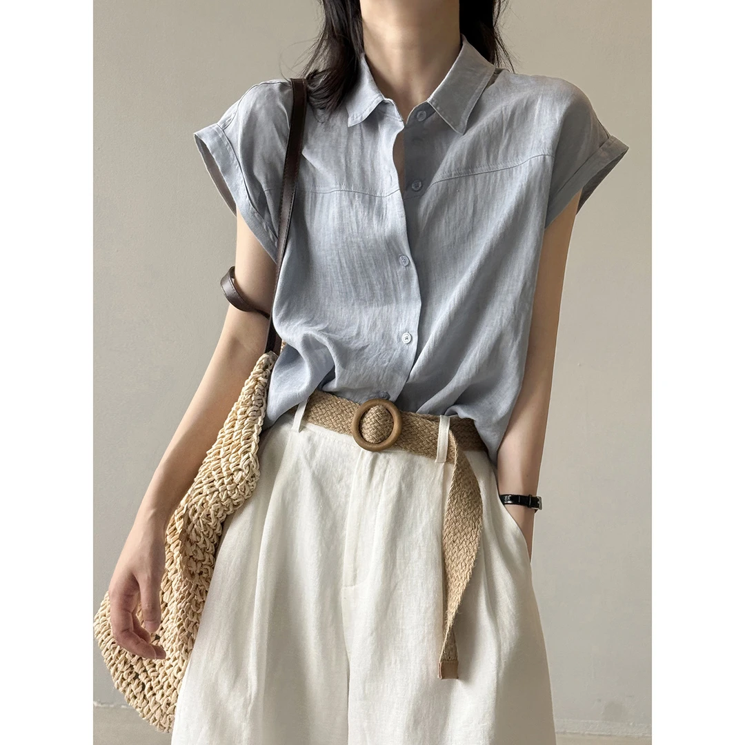韩系纯亚麻飞飞袖衬衫女夏季纯色宽松显瘦别致小衫上衣