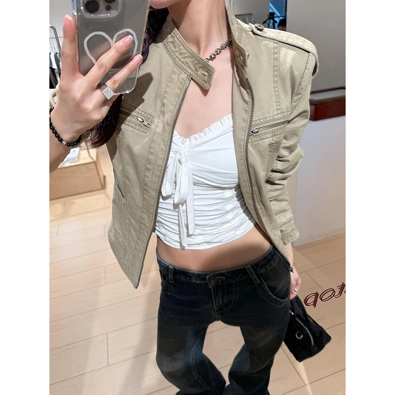 秋季立领美式复古做旧短款正肩牛仔夹克外套女早秋新款显瘦上衣潮