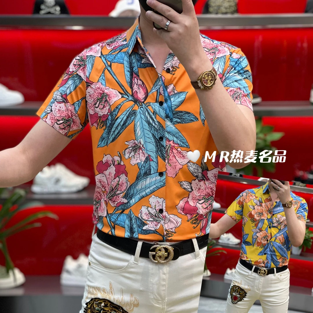 【热麦甄选】夏季短袖衬衫杜鹃双色印花款 男士修身免熨烫弹力翻领