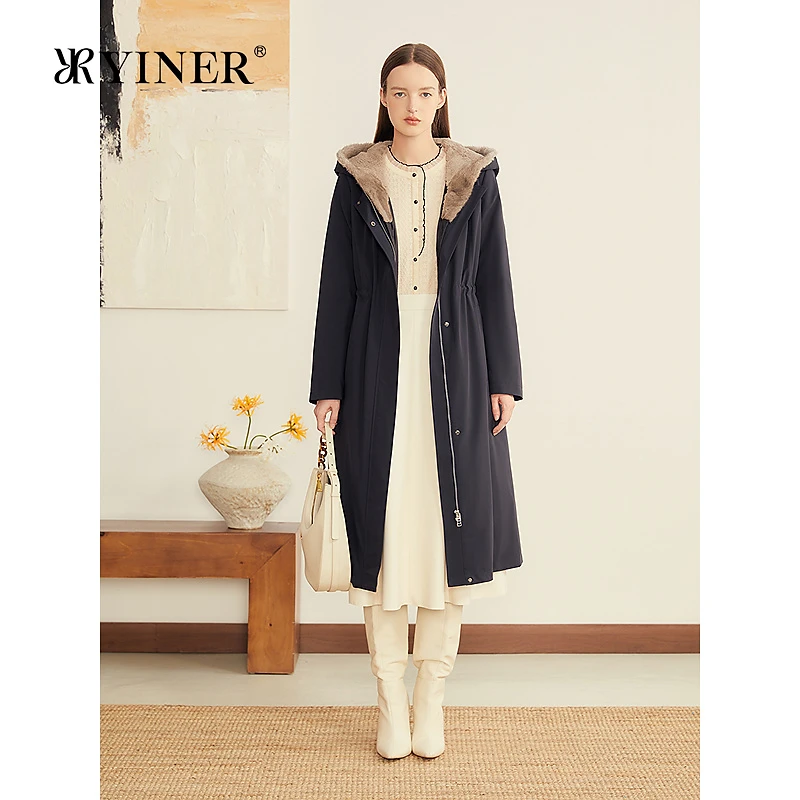 YINER音儿专选2025冬季新款法式绒暖水貂帽檐中长款连帽尼克服