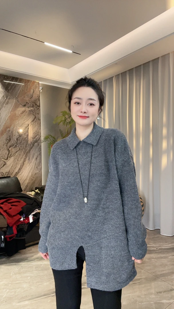 【冲姐】冬季新款纯色翻领大版针织厚款毛衣（胸围.130 衣长72）61575