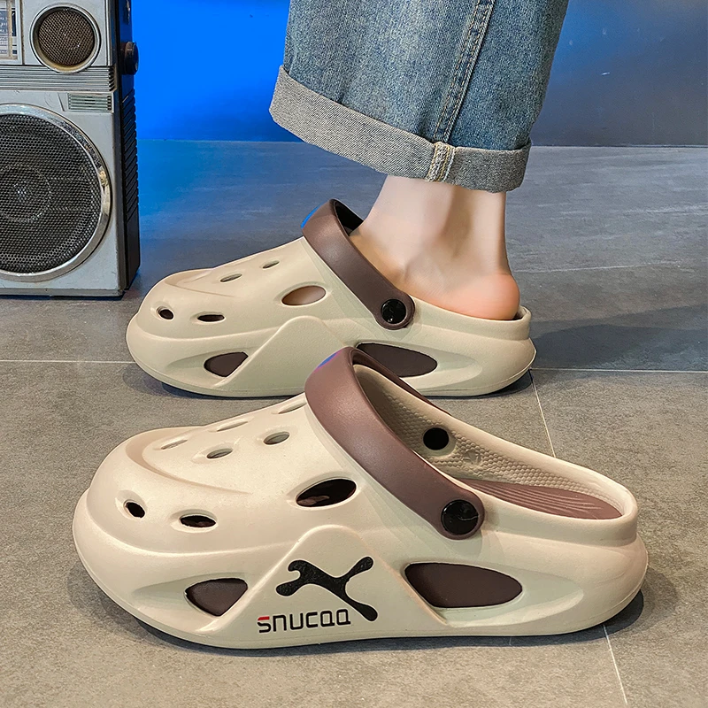 沙滩洞洞鞋男夏季户外时尚厚底防滑耐磨开车运动外穿两用包头拖鞋