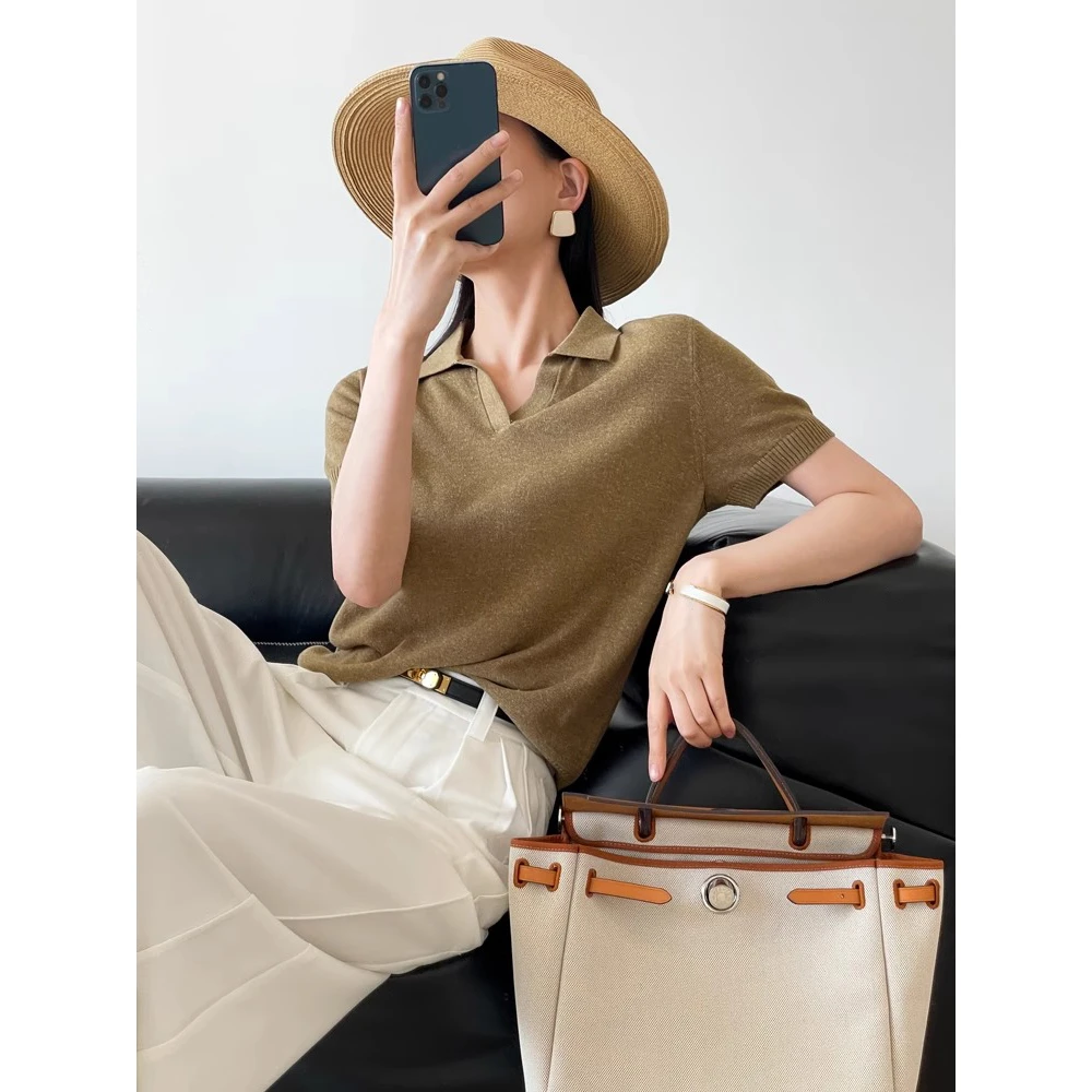 经典老钱风Polo领针织衫女夏季高级感百搭简约T恤翻领短袖上衣薄