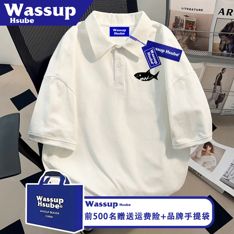 WASSUP HSUBE慵懒纯棉高级感半袖男女夏白色T恤ins小鱼印花POLO衫