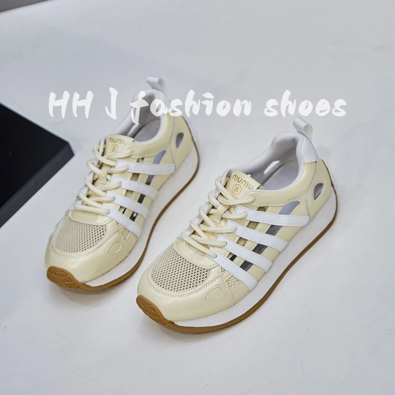 真皮镂空网面透气运动休闲鞋女2025夏季新款厚底百搭系带阿甘鞋潮