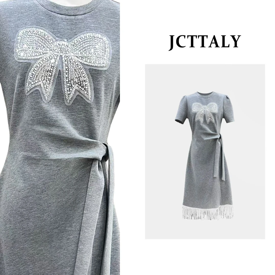 【linda】【61】夏季时尚重工烫砖蝴蝶结流速下摆短袖连衣裙JC-A3103