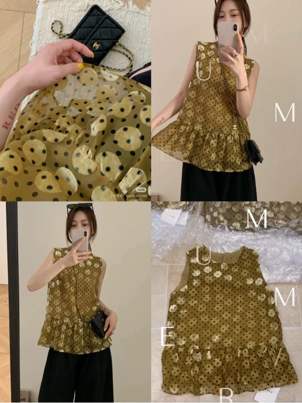 XZ 真丝桑蚕丝丝绒~M胸102长62植绒波点轻国风风格时尚小衫 1321