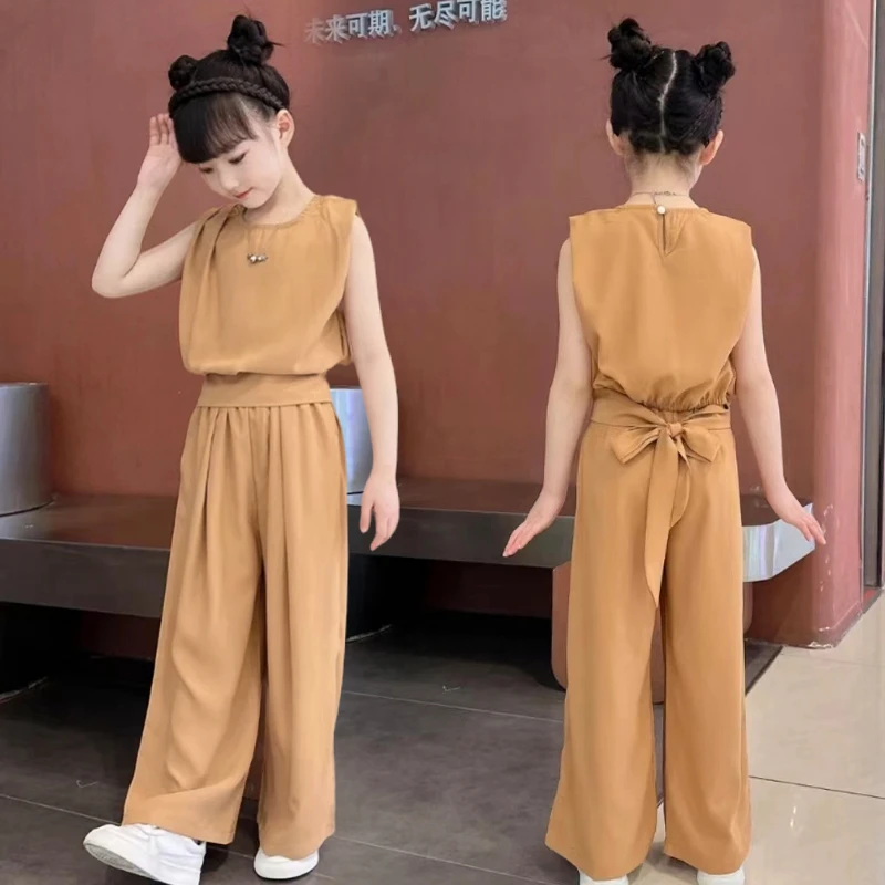 女童夏季套装9-12岁洋气儿童纯色宽肩收腰无袖背心阔腿裤两件套夏