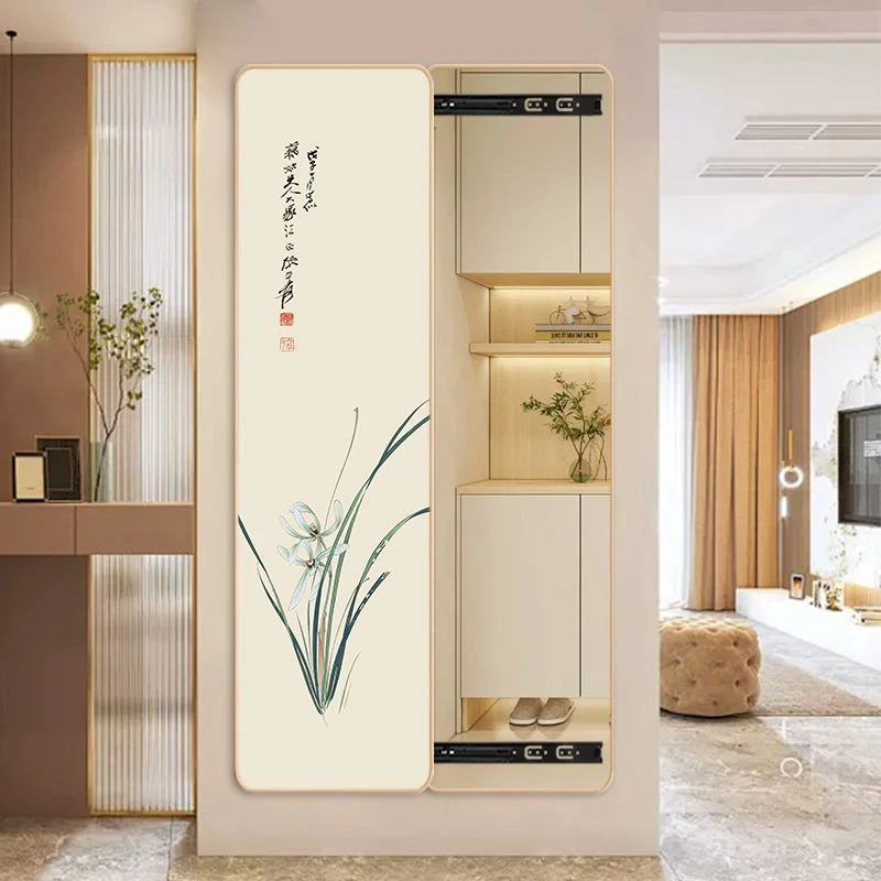 中式隐藏式玄关推拉全身穿衣镜暗藏关闭装饰画创意隐形试衣镜子