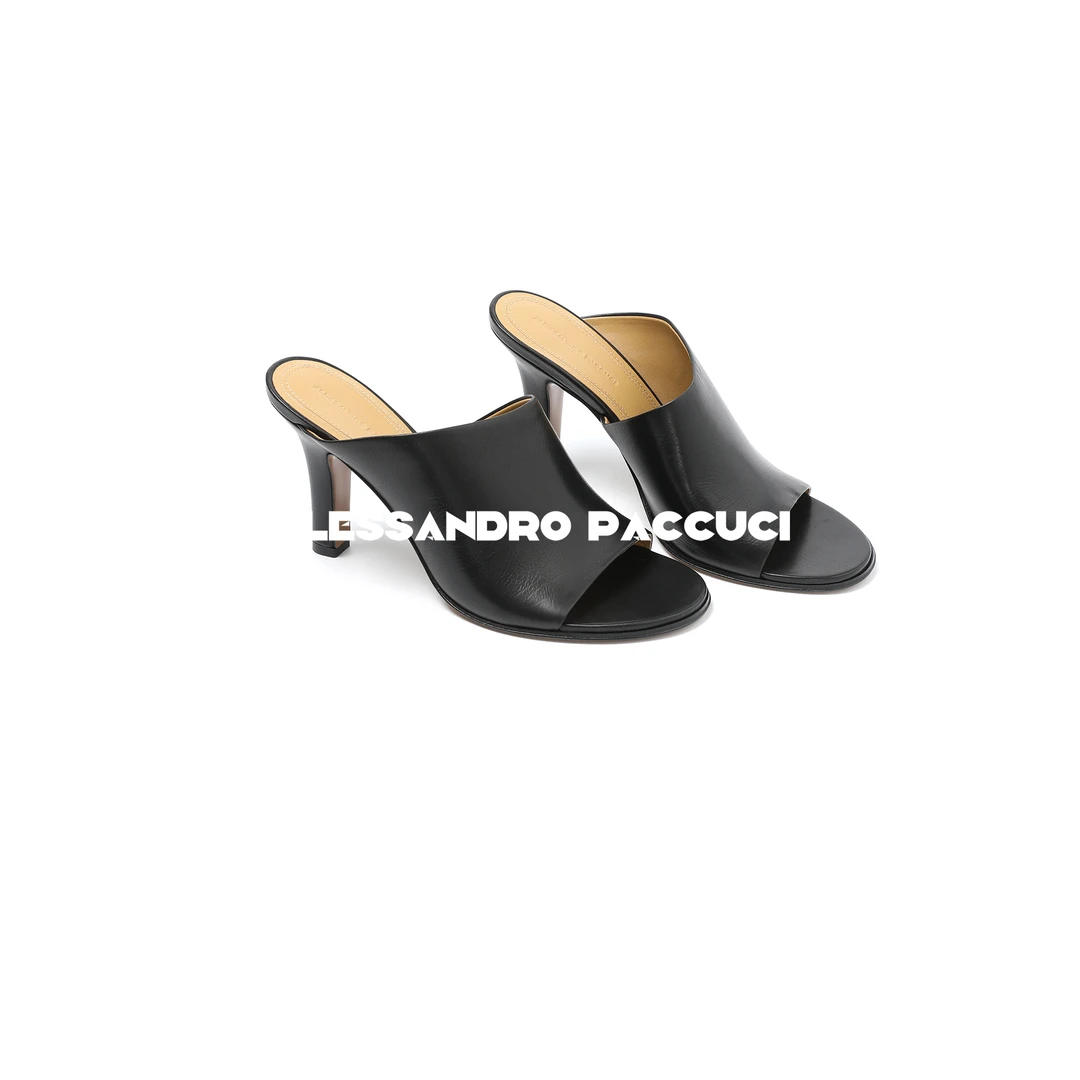 AP洛哥53098XT【时髦延续】胎牛皮露趾圆头黑色时尚简约高跟鞋拖鞋