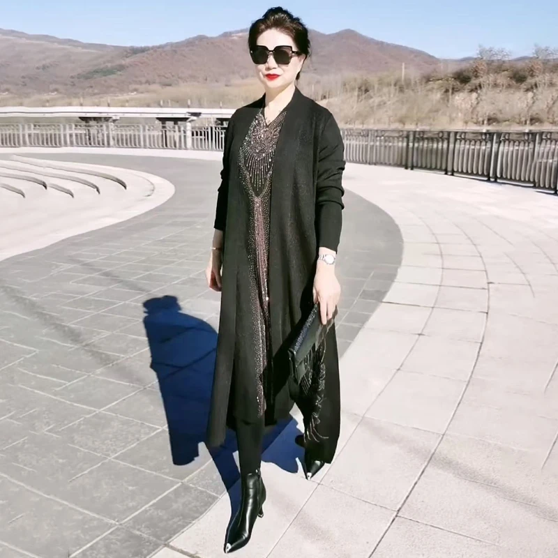 888高端重工烫钻开衫外套冰麻针织婚宴礼服V领长款连衣裙两件套