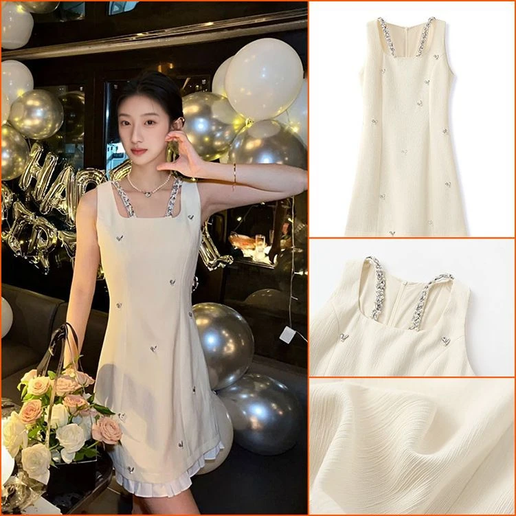 1091法式轻奢气质连衣裙女夏新重工钉钻荷叶边短款a字显瘦背心裙