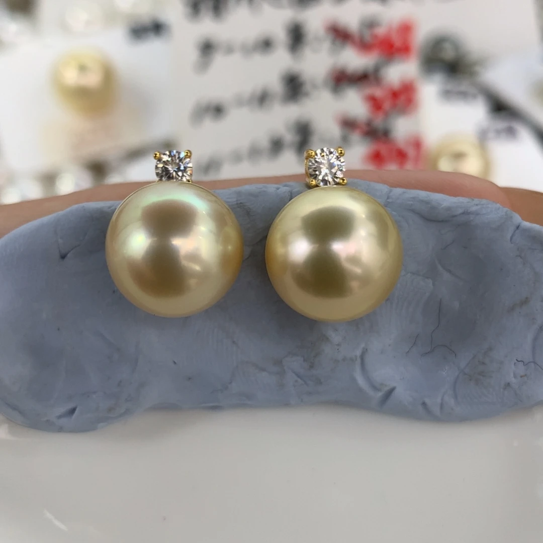 定制海水珍珠银S925镶嵌耳饰香浓金色11-12mm王妃款