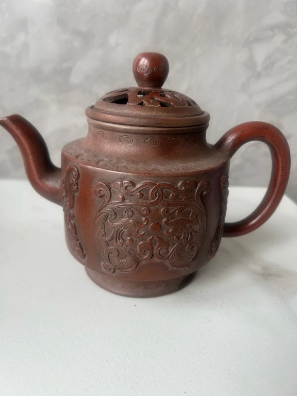 回流镂空浮雕壶，500毫升，独孔出水水平壶莲子壶全手工紫砂壶茶壶