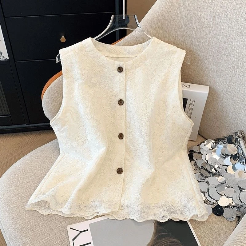 小香风提花圆领蕾丝衫女夏季新款单排扣开衫无袖显瘦蕾丝无袖小衫