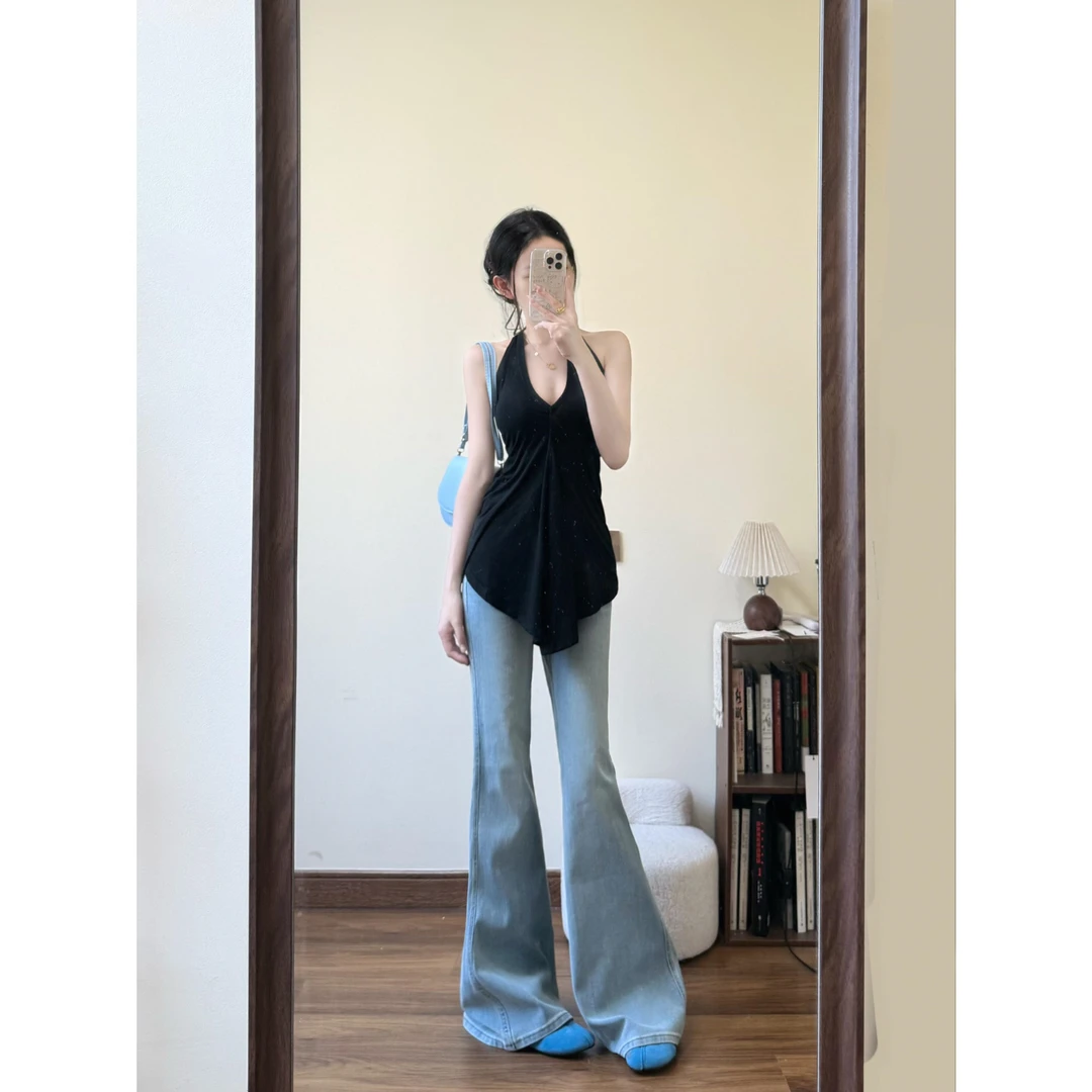 MARIE.COCO夏季黑色V领收腰挂脖露背吊带背心女微喇牛仔裤两件套