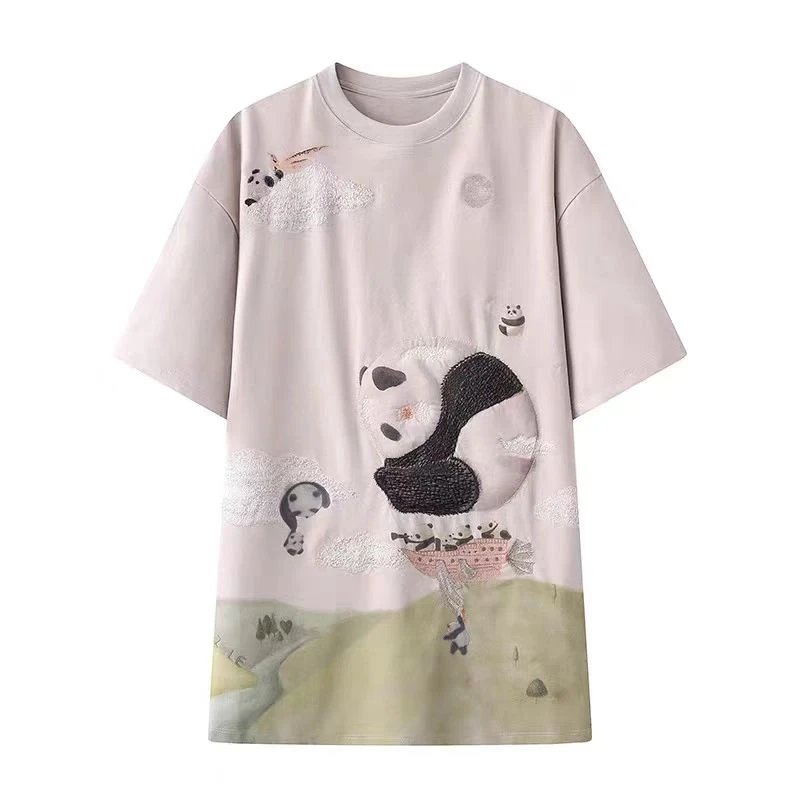 【Y035】时尚刺绣短袖凉感印花宽松T恤百搭宽松半袖春夏休闲圆领