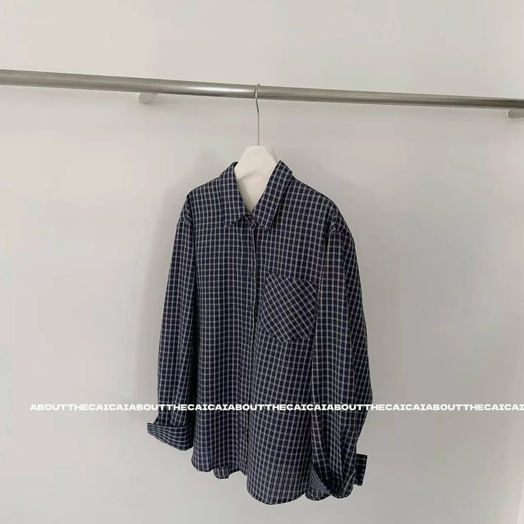 CAICAI翻领格纹长袖衬衫女秋季新款韩系简约宽松休闲上衣2597