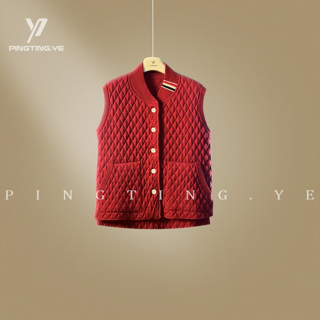 PINGTING.YE羊毛菱格老钱风棒球领设计休闲针织马甲PT1332
