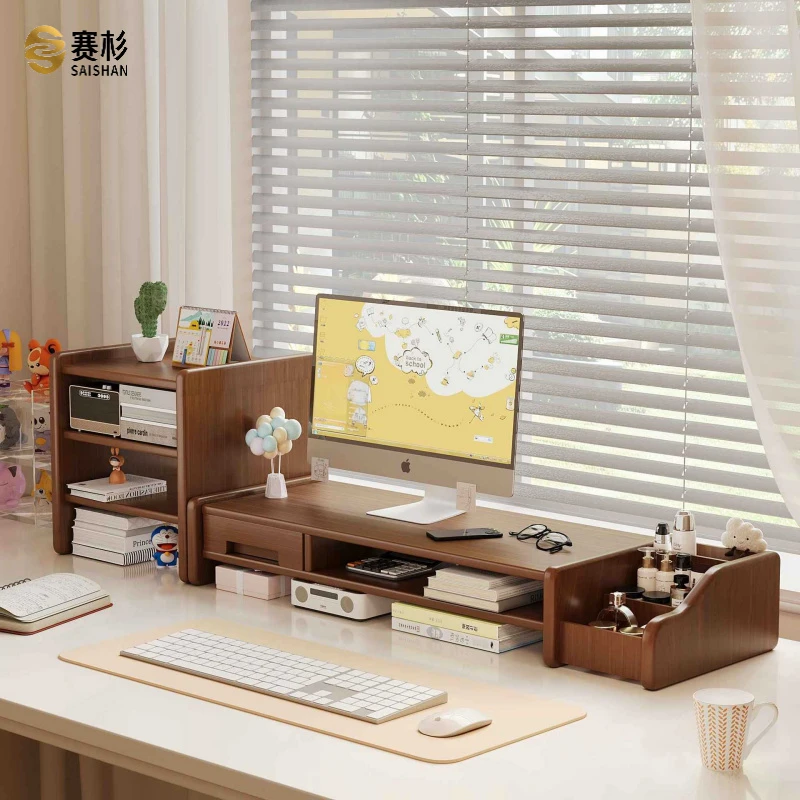 台式工位电脑增高架家用办公桌面收纳置物架带抽屉显示器垫高托架