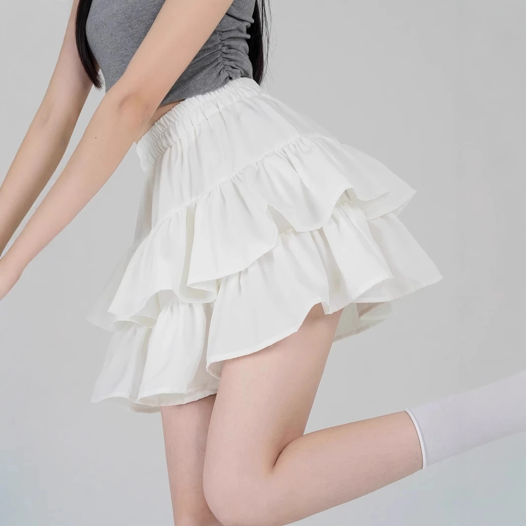白色荷叶边蓬蓬蛋糕裙女夏季新款芭蕾风短裙高腰小个子a字半身裙