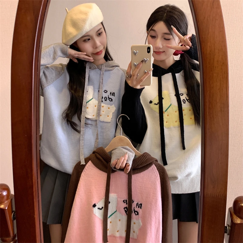 9007大码女装提花小狗撞色连帽毛衣秋季时尚减龄宽松针织衫上衣女