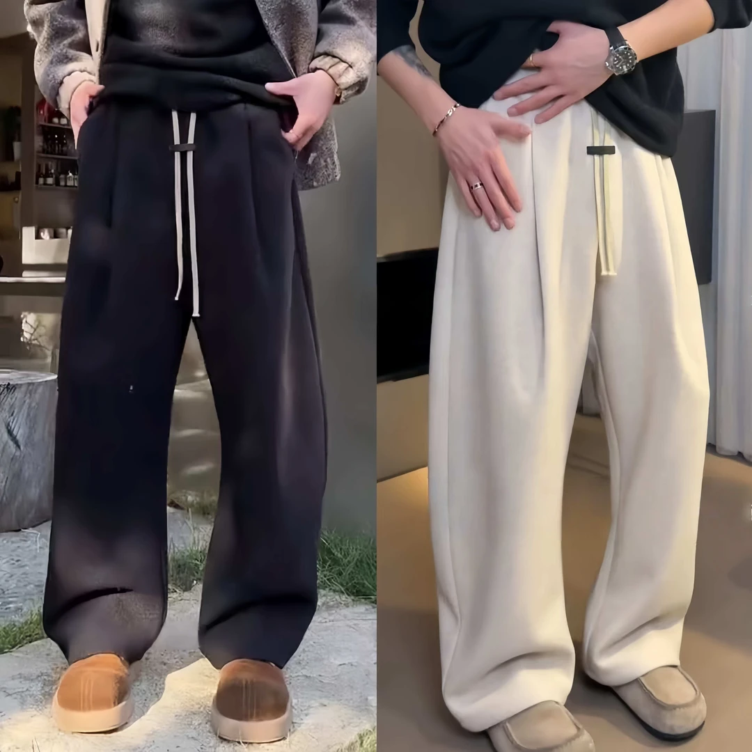 秋冬新款加绒加厚高级定制面料垂感休闲裤男士慵懒风百搭弯刀长裤