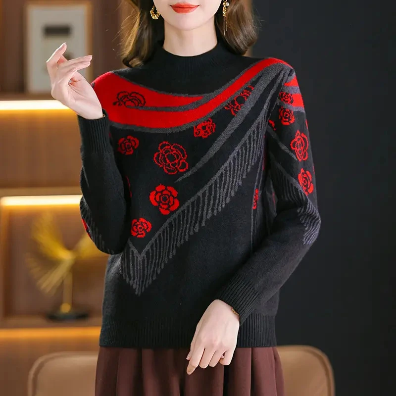 正品冬季新款拼色玫瑰花提花立领显瘦洋气针织衫洋气减龄通勤风