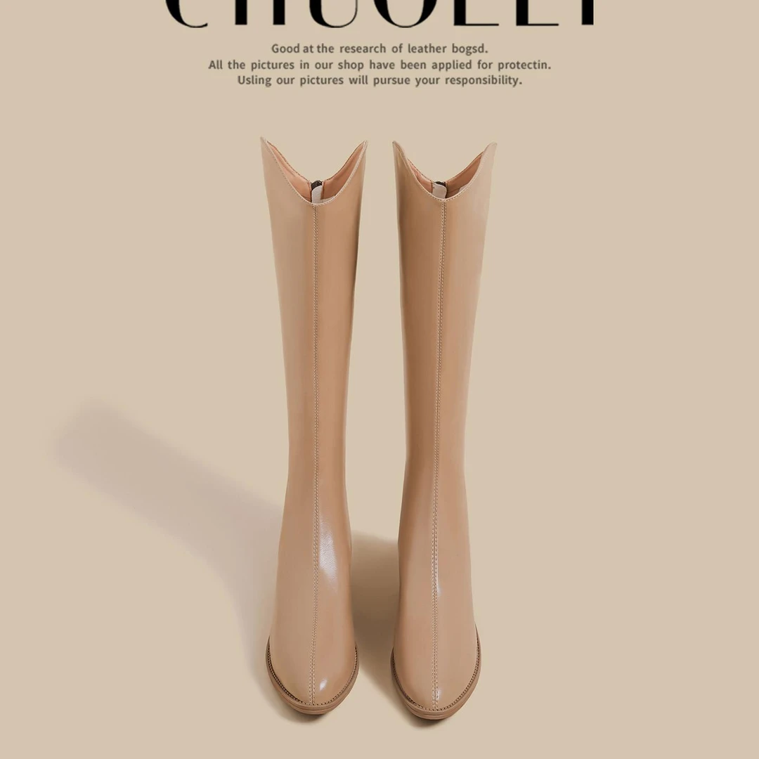 鞋子女款爆款2025新款骑士长靴女奶茶色v口后拉链不过膝长筒靴子