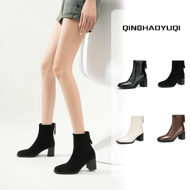 2025新款薄款短靴女后拉链油蜡皮方头秋季绒里法式方头秋冬防滑靴