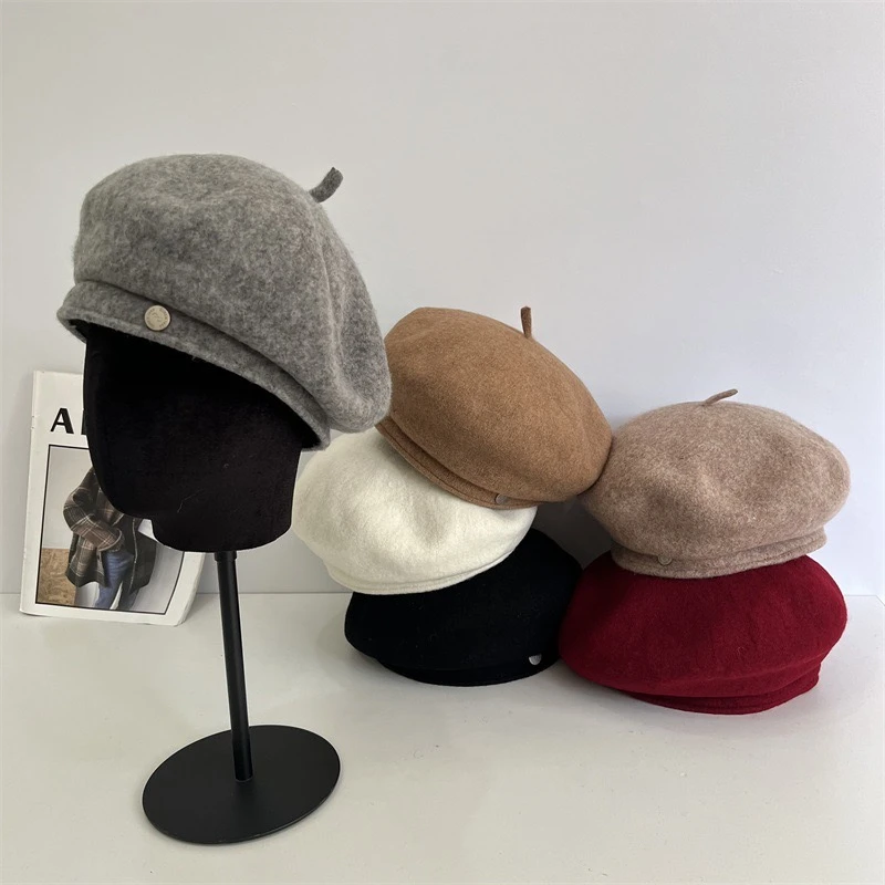 高品质贝雷帽女款2025新款冬天显脸小羊毛蓓蕾帽韩系气质画家帽子