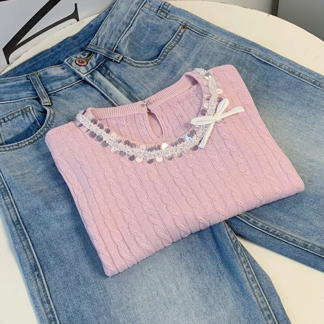 清-显瘦圆领亮片领套头针织短袖162196