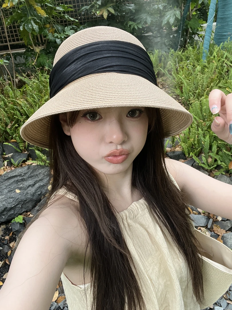 （十十鸭）简单出行 超细麻鞭 百搭法式草帽渔夫帽背后蝴蝶结
