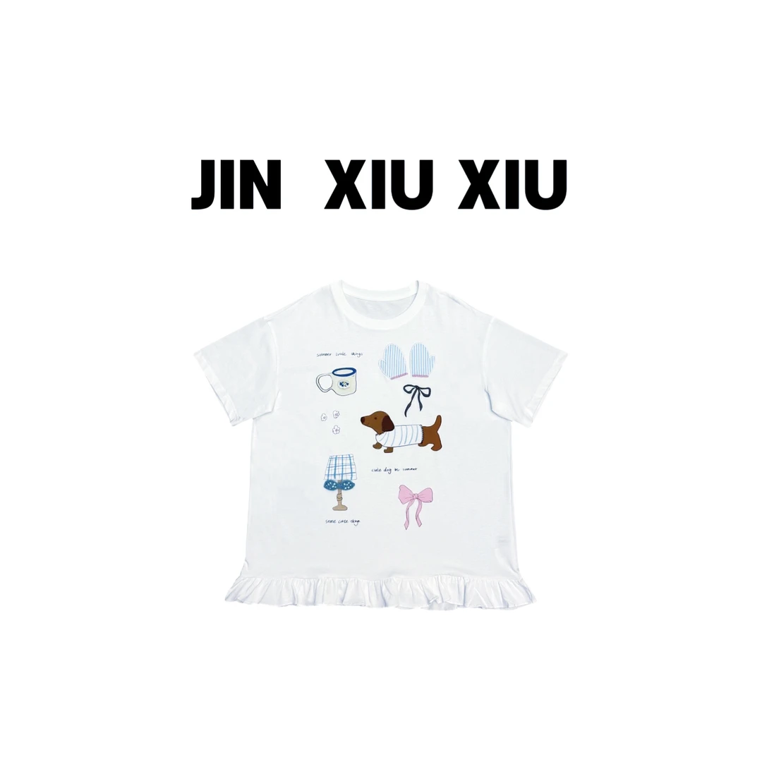 JINXIUXIU夏季新款刺绣手套木耳边印花字母韩系甜美短袖T恤400