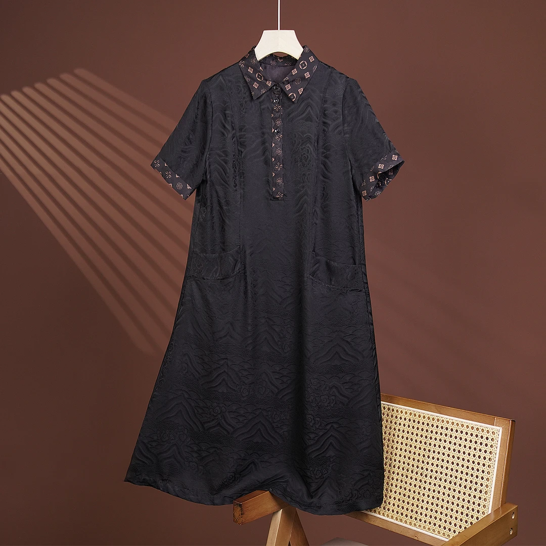 新款花螺桑蚕丝连衣裙时尚宽松气质长裙舒适轻奢LW  1248 黑色