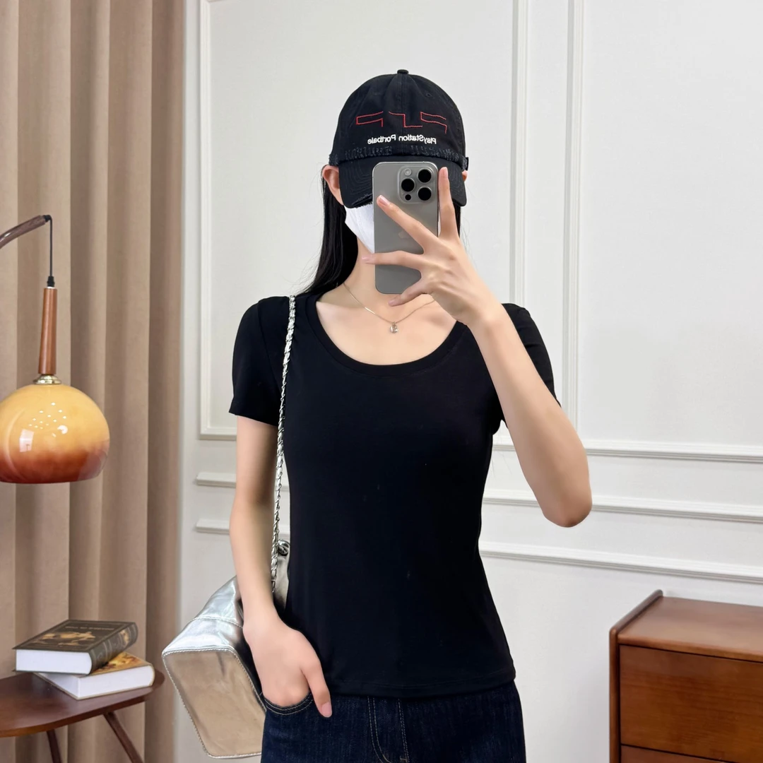 2025新款螺纹常规圆领短袖T恤女装修身显瘦小众时尚百搭夏季纯色