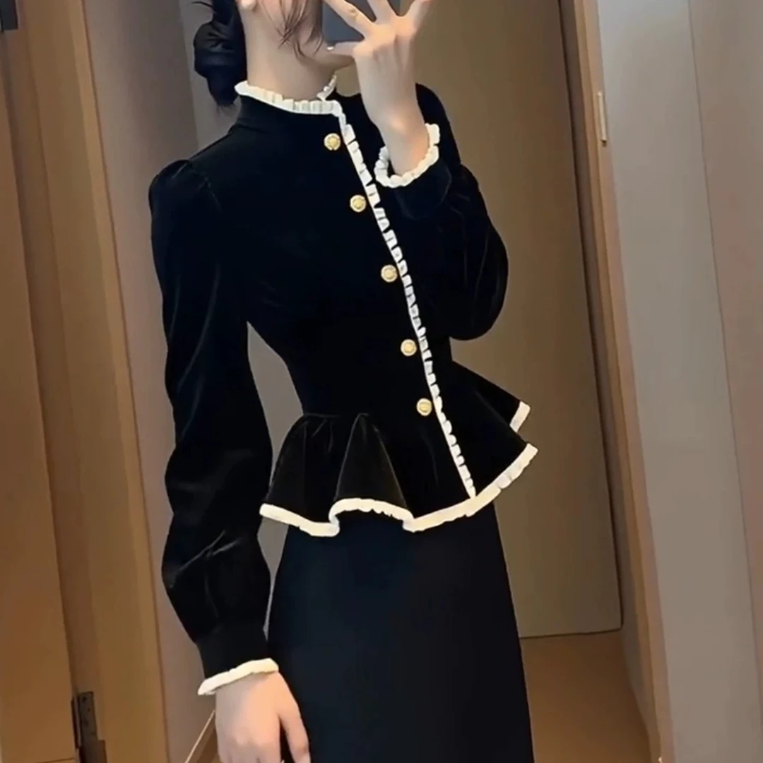 长袖黑色撞色丝绒上衣2025冬设计感绝美巨好看气质修身打底上衣