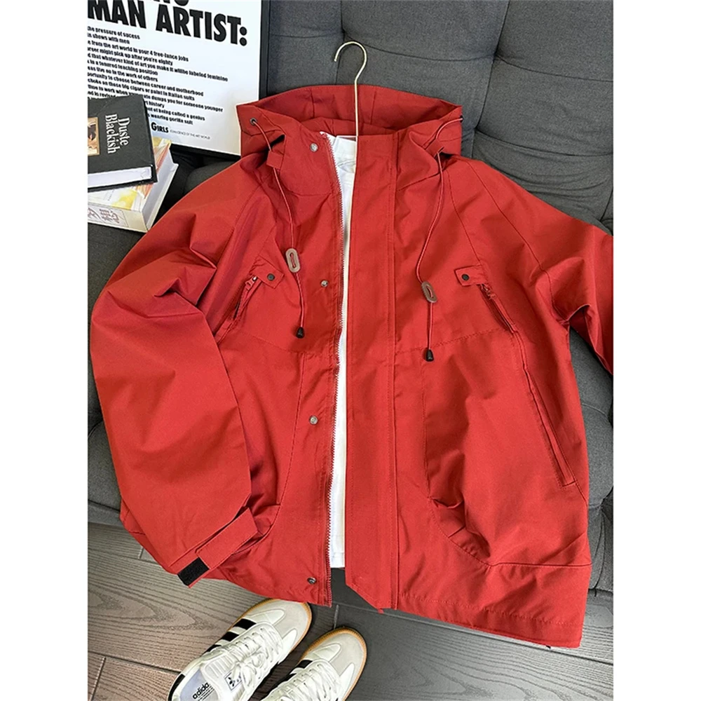 朱雀红冲锋外套男女款美式机能户外登山衣服防风防水连帽休闲夹克