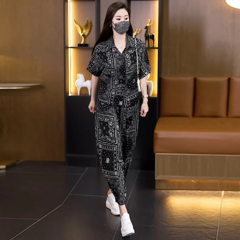 【女神新衣】2025洋气大码套装胖MM印花时尚宽松显瘦哈伦裤两件套