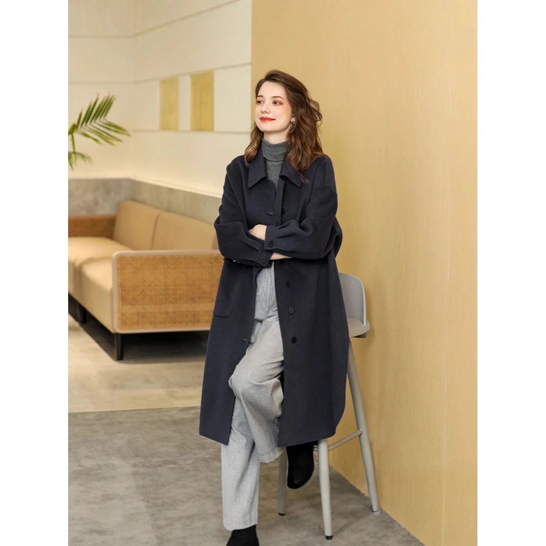 DUCURNO单排扣双面毛呢外套女冬季2026新款时尚气质宽松百搭大衣