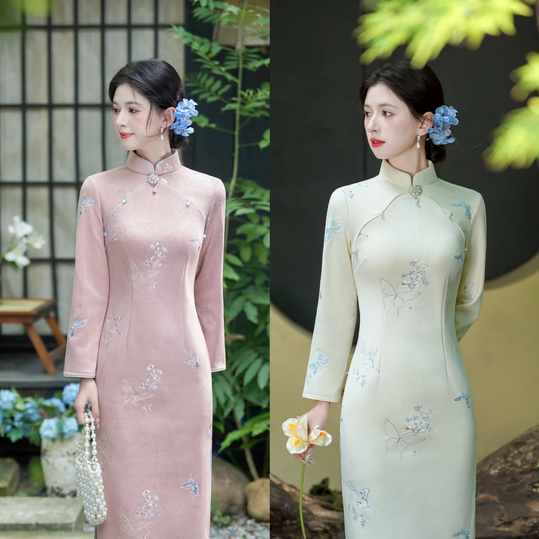 常规款刺绣长袖长裙常规袖旗袍修身冬秋季日常中国风