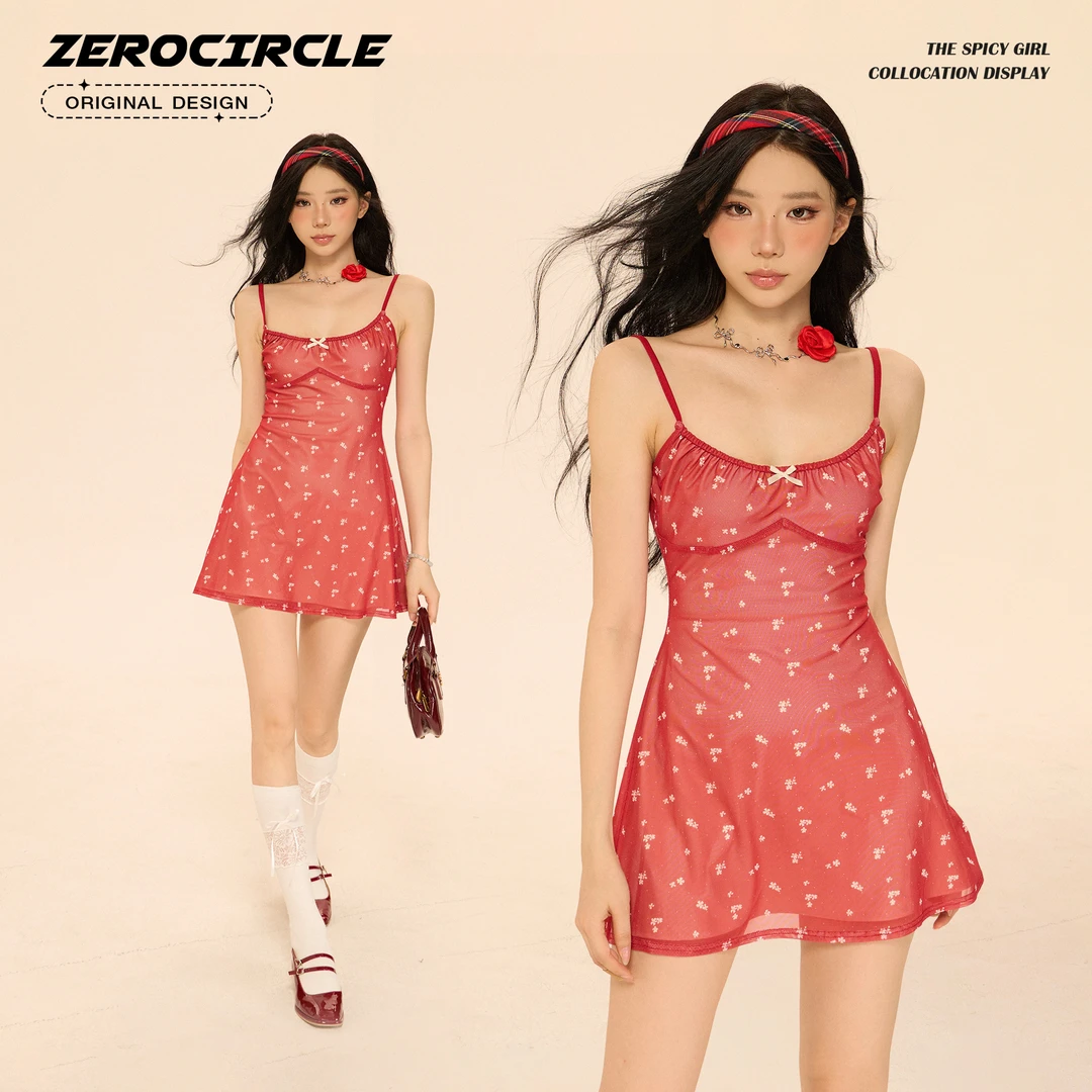 野生zerocircle红色吊带裙女夏季网纱碎花修身显瘦甜辣连衣裙子