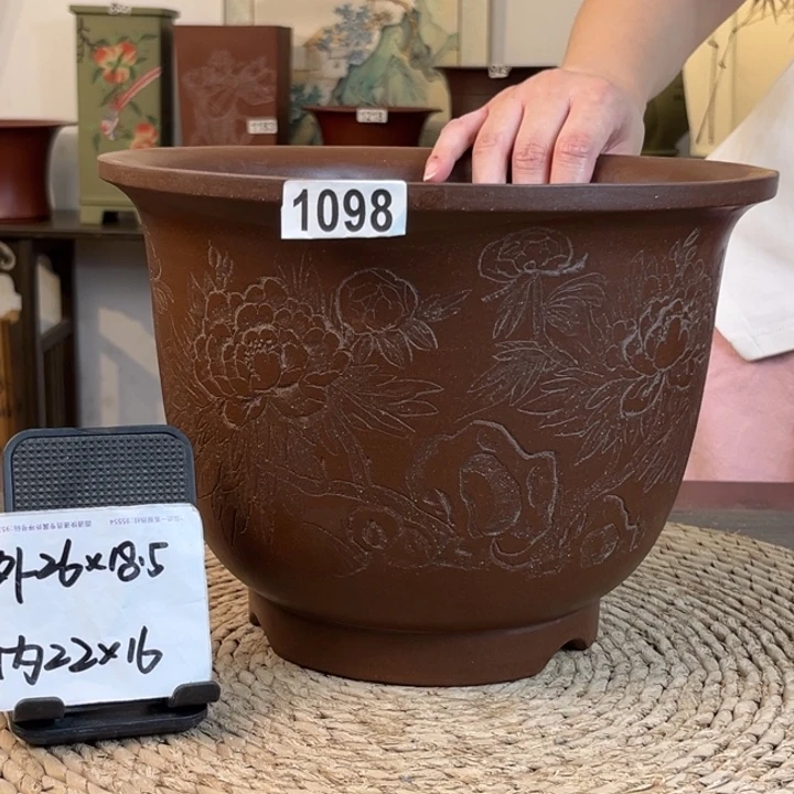 紫砂花盆 放漏紫泥刻绘牡丹大金钟1098