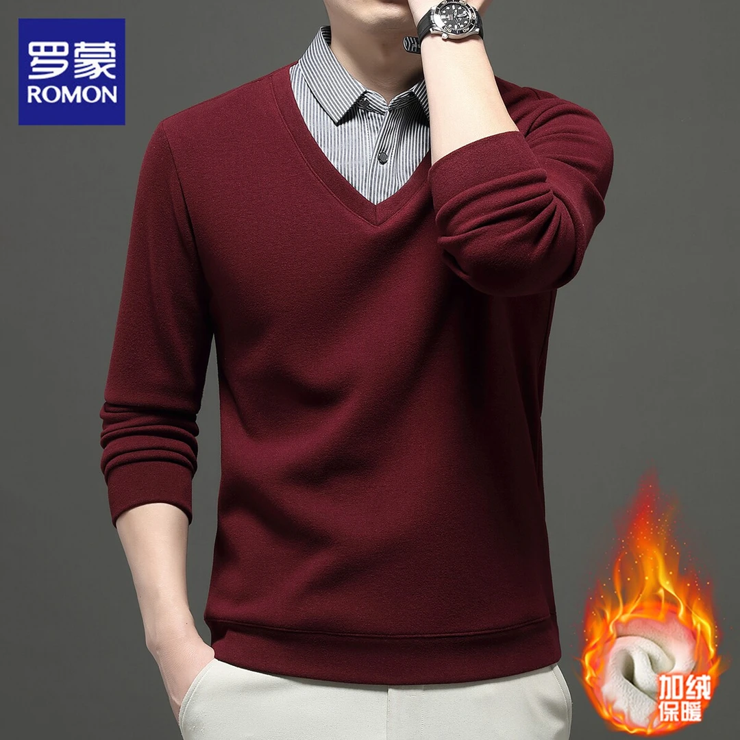 【加绒加厚】罗蒙本命年红色假两件卫衣男士冬季新款休闲长袖t恤男