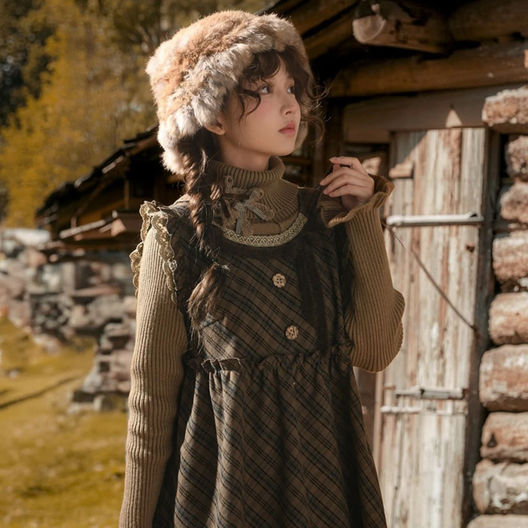 设计感格纹斗篷甜美背心裙+长袖内搭连衣裙套装2025秋冬甜妹套装