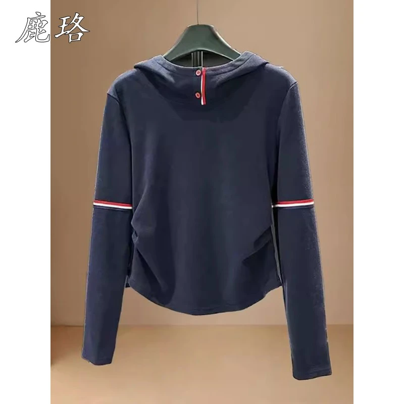 美式覆古连帽正肩卫衣女2025春秋季新款法式收腰显瘦长袖t恤上衣