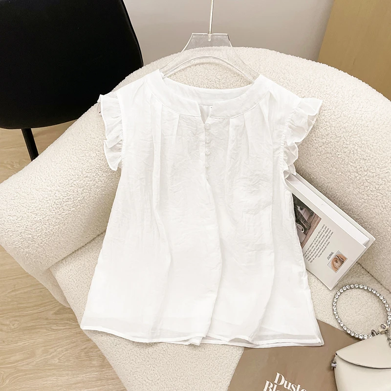 甜美法式女装飞飞袖夏季显瘦薄款衬衫衬衣雪纺衫时尚白色圆领上衣