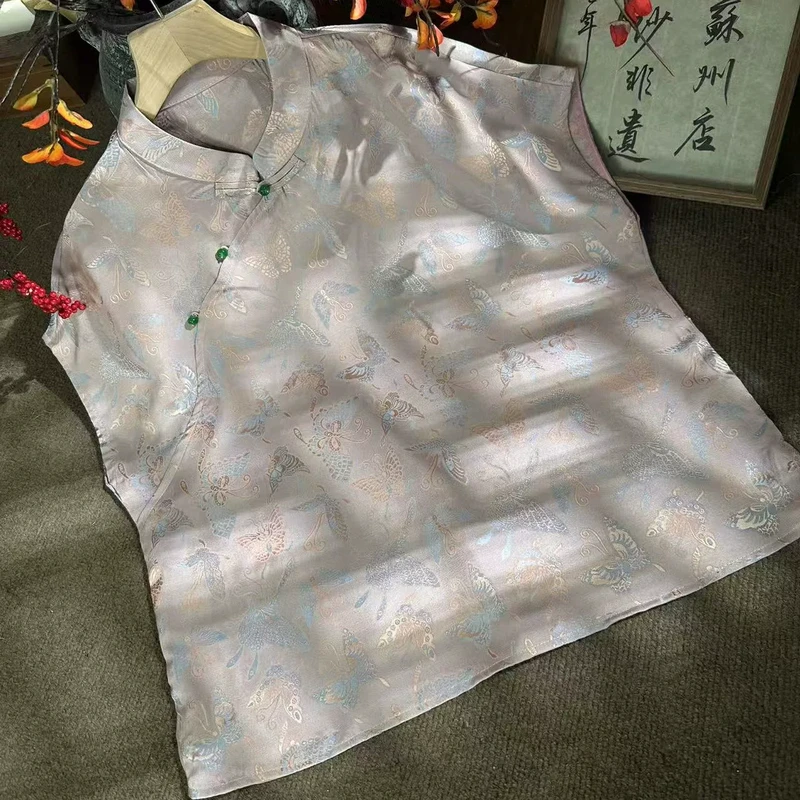 夏季新款新中式国风织花蝶舞提花花萝斜襟短袖上衣