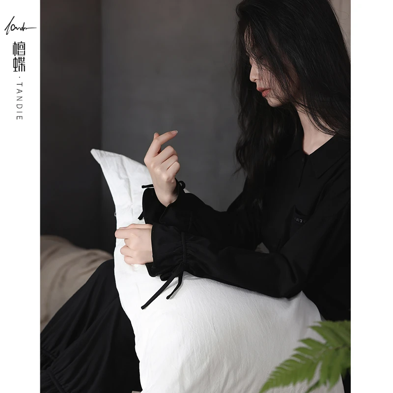 2025年秋季新款纯棉睡衣长袖长裤黑色家居服女款爆款2025新款